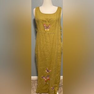 Vintage Boho Butterfly Dress 100% Linen Sleeveless Button Side Artsy Maxi Large